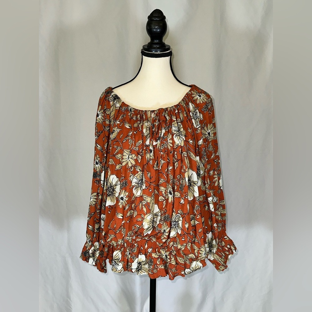 Easel • Burnt Orange Floral Top With Elastic Waist Size Large